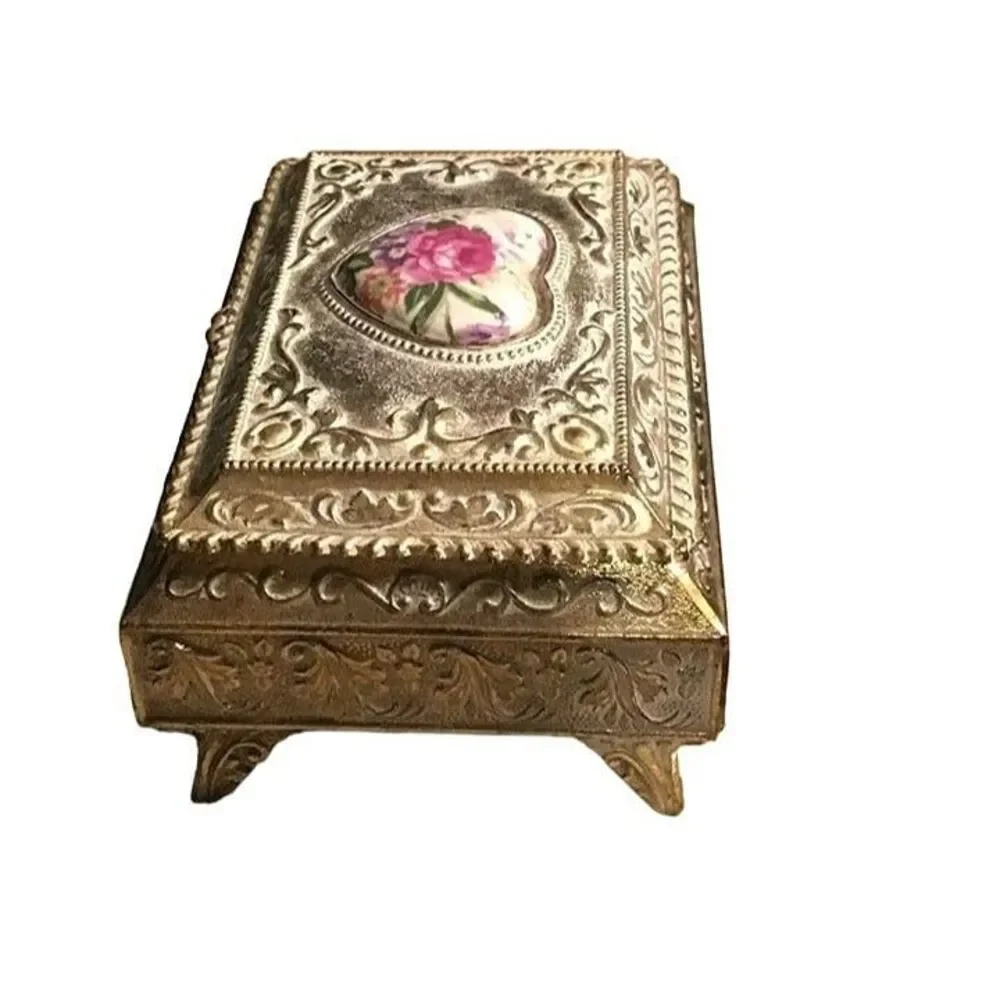 Vintage Japan Silver Plated Footed Jewelry Box Heart Floral Porcelain Inlay